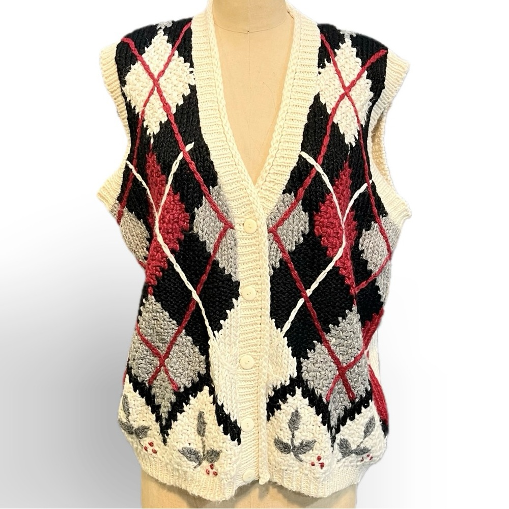 VINTAGE diamond harlequin plaid knit sweater vest cardigan chunky thick button
